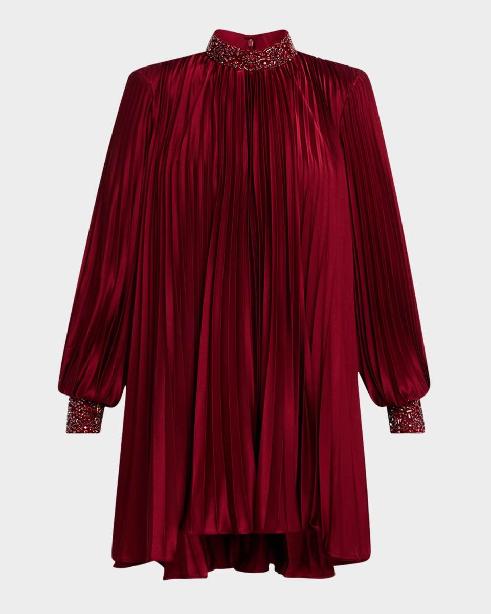 Pleated Bead-Embellished Mini Dress